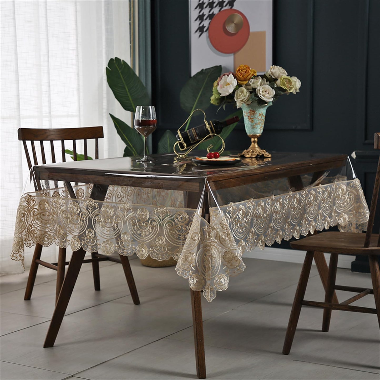 Rakila Clear Plastic Rectangle Tablecloth Vinyl Waterproof Table Cloth Embroidered Lace Edge Transparent Table Cover for Dining Kitchen Outdoor(60 x 118 inch, Coffee Style 1)