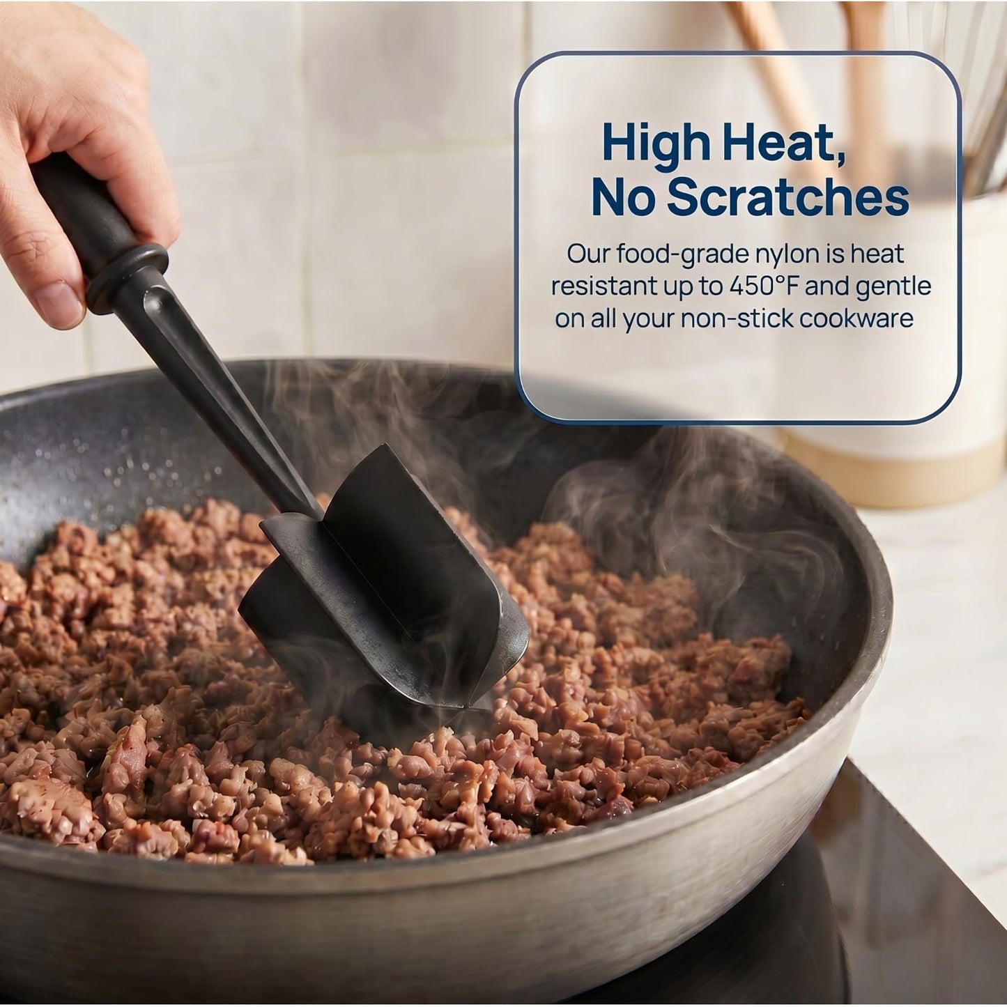 VUCVOLH Meat Chopper, Premium Heat Resistant Meat Masher, 5 Blades Ground Beef Masher, Non Stick Hamburger Smasher, Nylon Potato Masher, Dishwasher Safe, Black