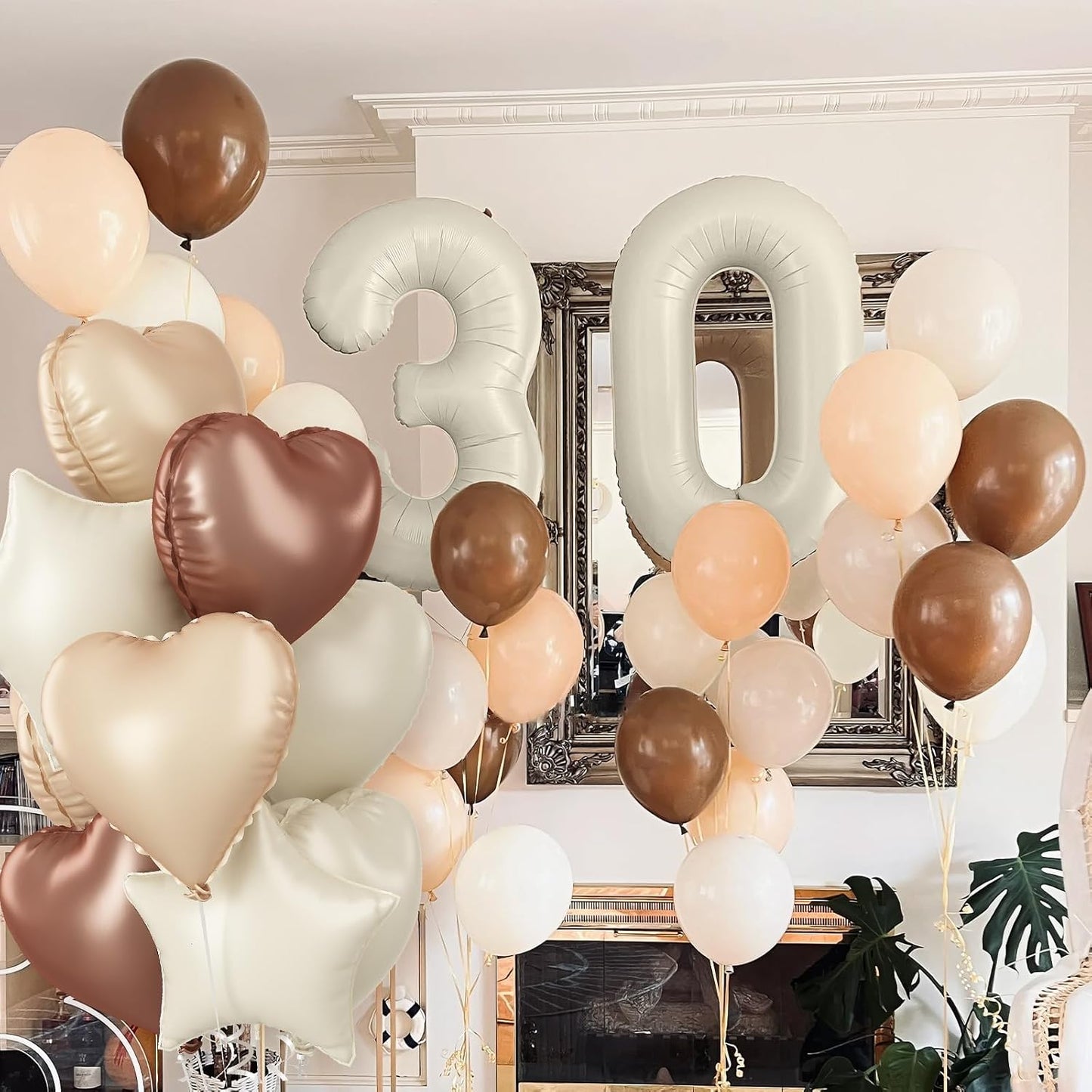 Skiennix 30 Balloons Decor - Beige Nude Apricot Brown Foil Star & Heart Balloons | 40'' White Sand Helium Number 30 for 30th Birthday & Wedding Anniversary Celebrations