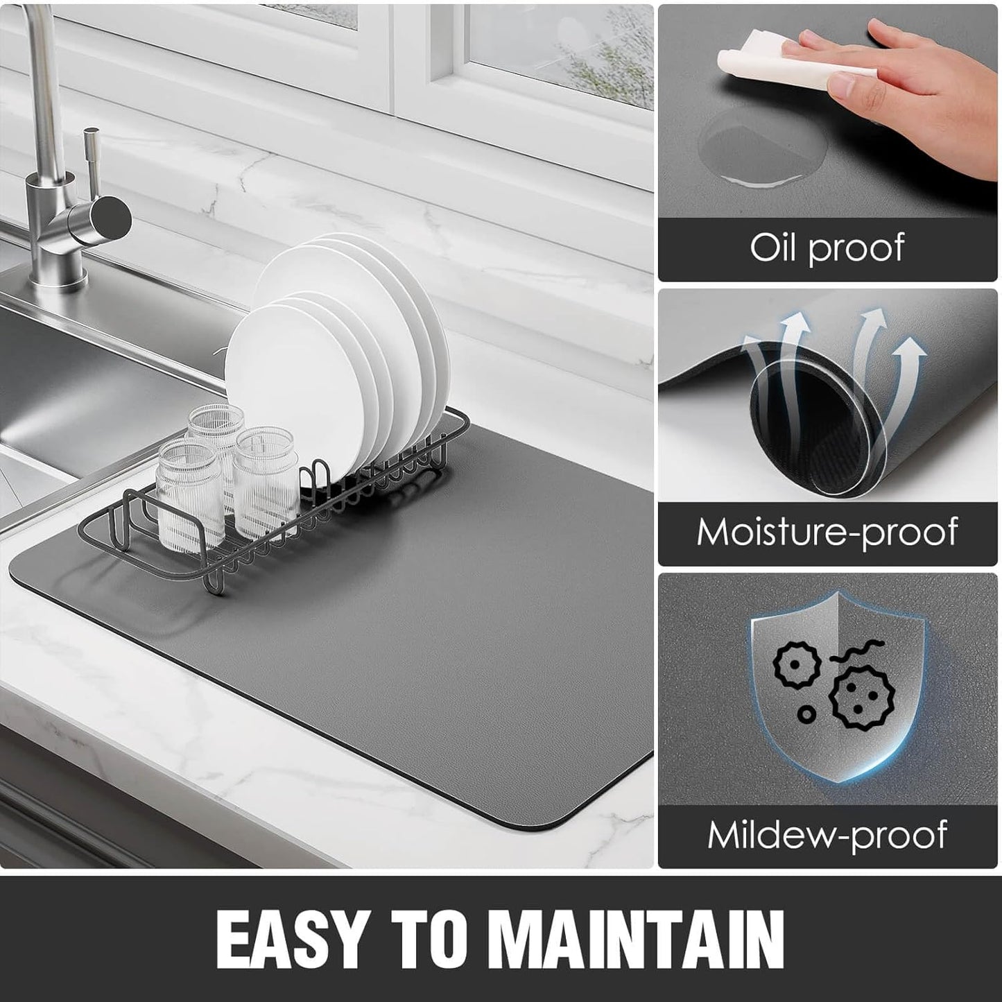 Skiennix Dish Drying Mat - Super Absorbent & Non-Slip Rubber Backed | XL Gray 31.5"x17" Easy Clean