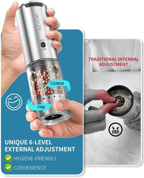 CIRCLE JOY Rechargeable Electric Salt and Pepper Grinder Set - Stainless Steel, Adjustable Coarseness, LED Light