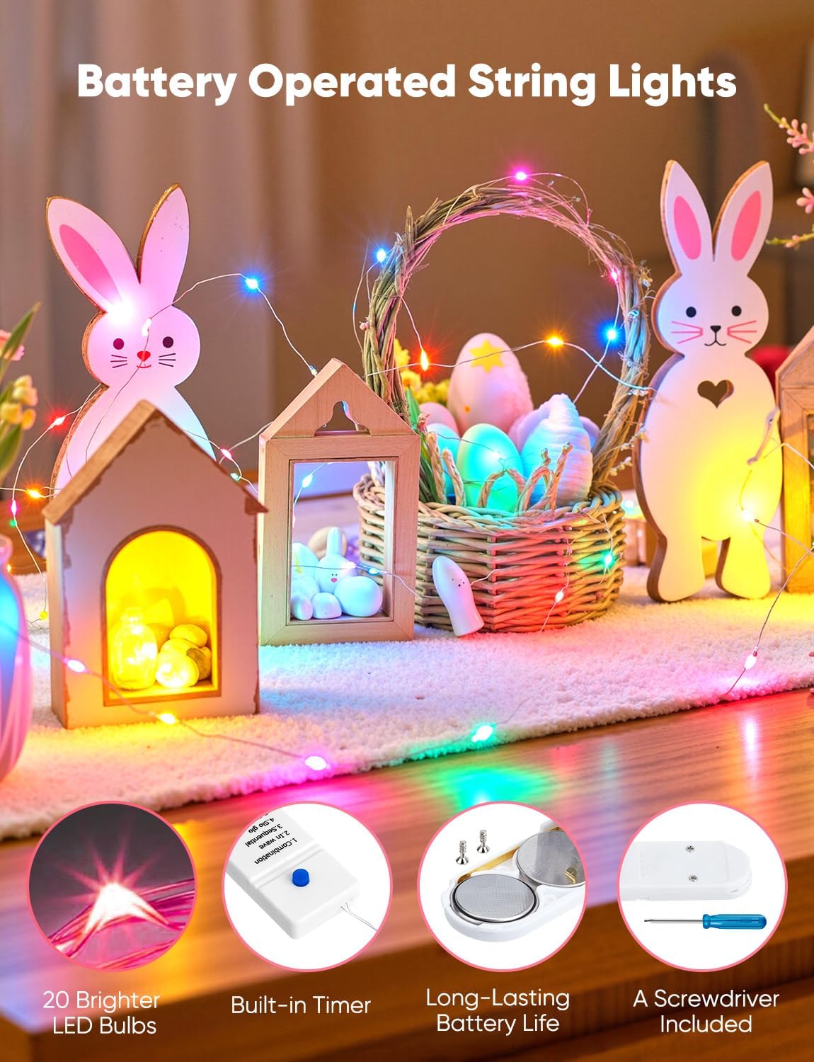 Minetom 20 LED Fairy Lights - 7ft Battery Operated Pastel Christmas & Easter Decor | Waterproof Silver Wire