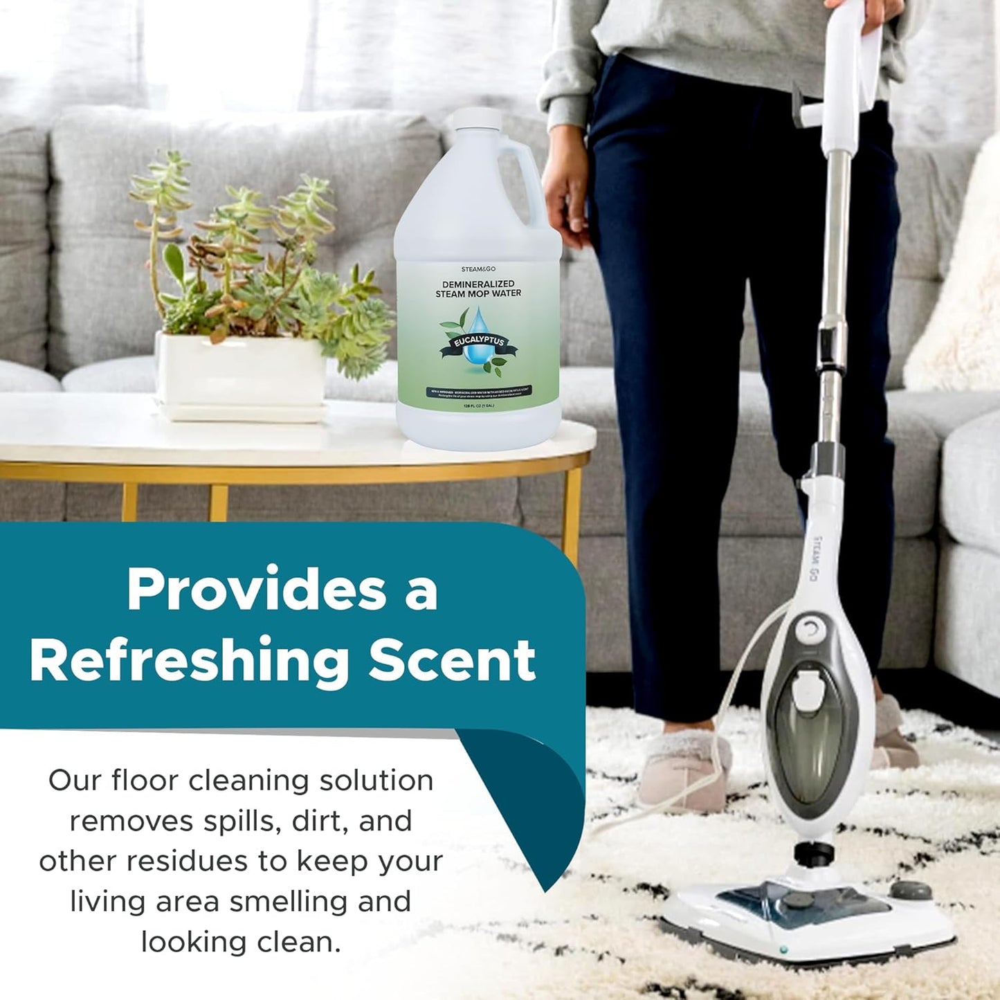 Steam & Go Demineralized Water - Ready-to-Use Multi-Surface Steam Mop Cleaner | Eucalyptus Mint, 128oz