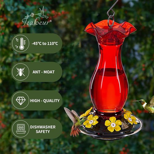 Jealoeur Hummingbird Feeder - 18 OZ Outdoor Feeder with 6 Bee Guards & Ant Moat | Easy to Clean, Red