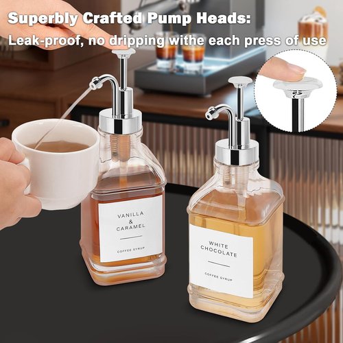 Coffee Syrup Dispenser - Clear Glass Pump Bottles for Coffee Bar | Refillable Maple Syrup Storage, 500ml, Set of 2