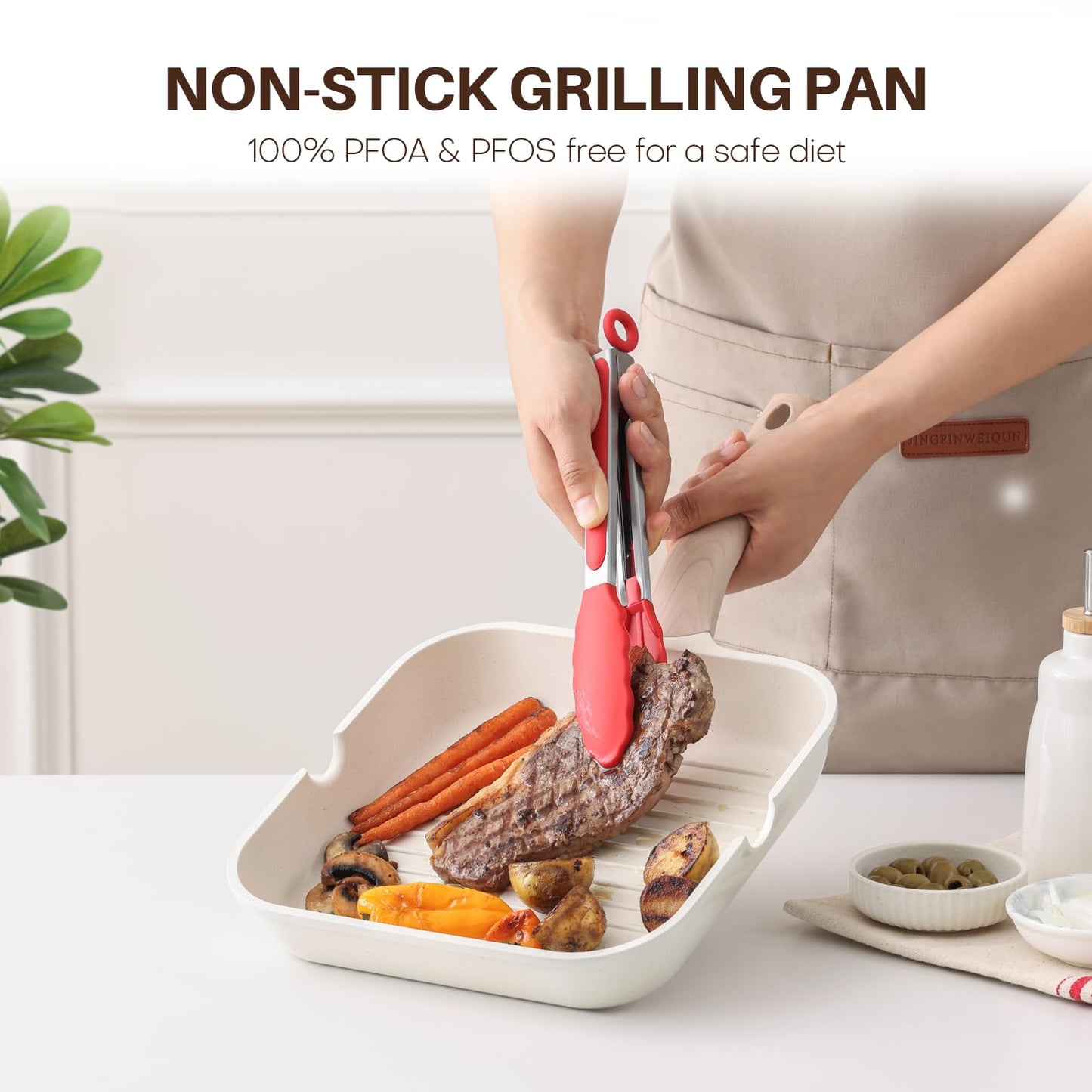 Kordisen Nonstick Grilling Pan with Lid for Stove Tops, 9.5 Inch Square Grill Pan for Indoor Cooking, Healthy Coating Grill Skillet with Pour Spouts, Versatile Griddle, Induction Steak Pan, White