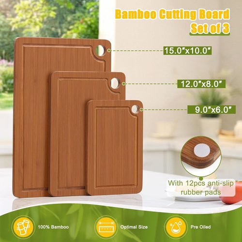 Homaxy Bamboo Cutting Board Set - 3 Wooden Boards with Non-Slip Mat & Deep Juice Groove | Ideal for Meat, Fruits & Vegetables