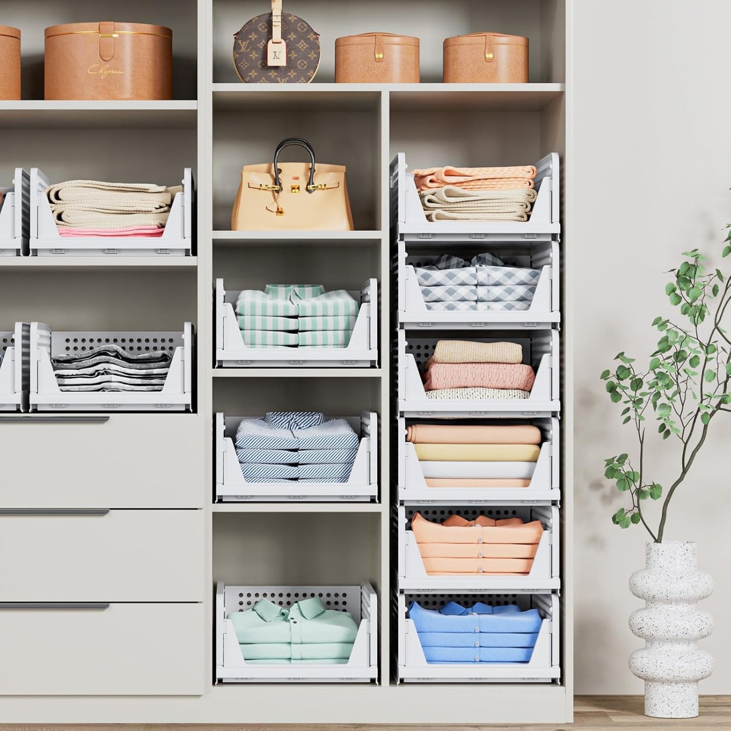 Stackable Closet Storage Baskets by [Brand Name] - Multifunctional & Foldable Organizer | Waterproof, Space-Saving Design, White - 5 Pack