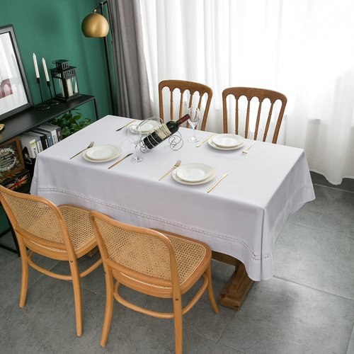 EHouseHome Heavy Duty Fabric Tablecloth with White Lace-Waterproof/Wrinkle Free/Stain Resistant/Oil Proof-for Dining,Indoor&Outdoor,Wedding,Holiday,White,Rectangle 60x84Inch