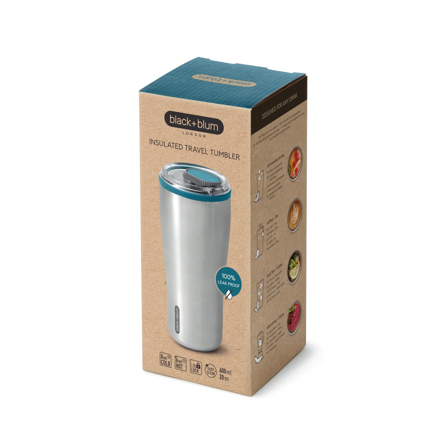 BLACK + BLUM - Insulated Tumbler - 18/8 Stainless Steel Vacuum Insulated Travel Tumbler with Leak Proof, Lockable Lid - Keeps Hot for 6hrs, Cold for 8hrs, Ocean - 600ml