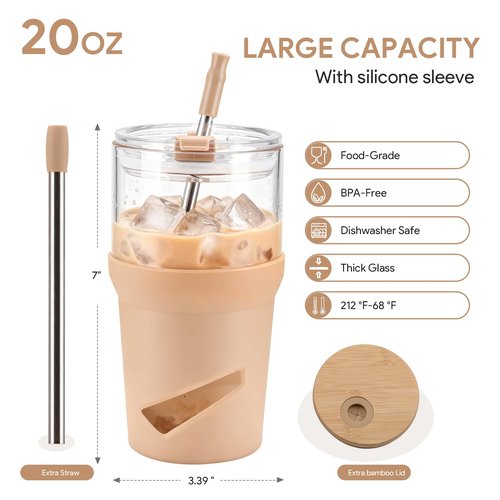 Glass Tumbler with Lids and Straws, 20 oz Iced Coffee Cup and Smoothie Cup with Bamboo Lid and On the go Lid,Glass Cups With Straws