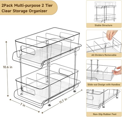 HIHEGD 2-Tier Bathroom Organizer - Clear Under Sink & Pull-Out Cabinet Storage Solution
