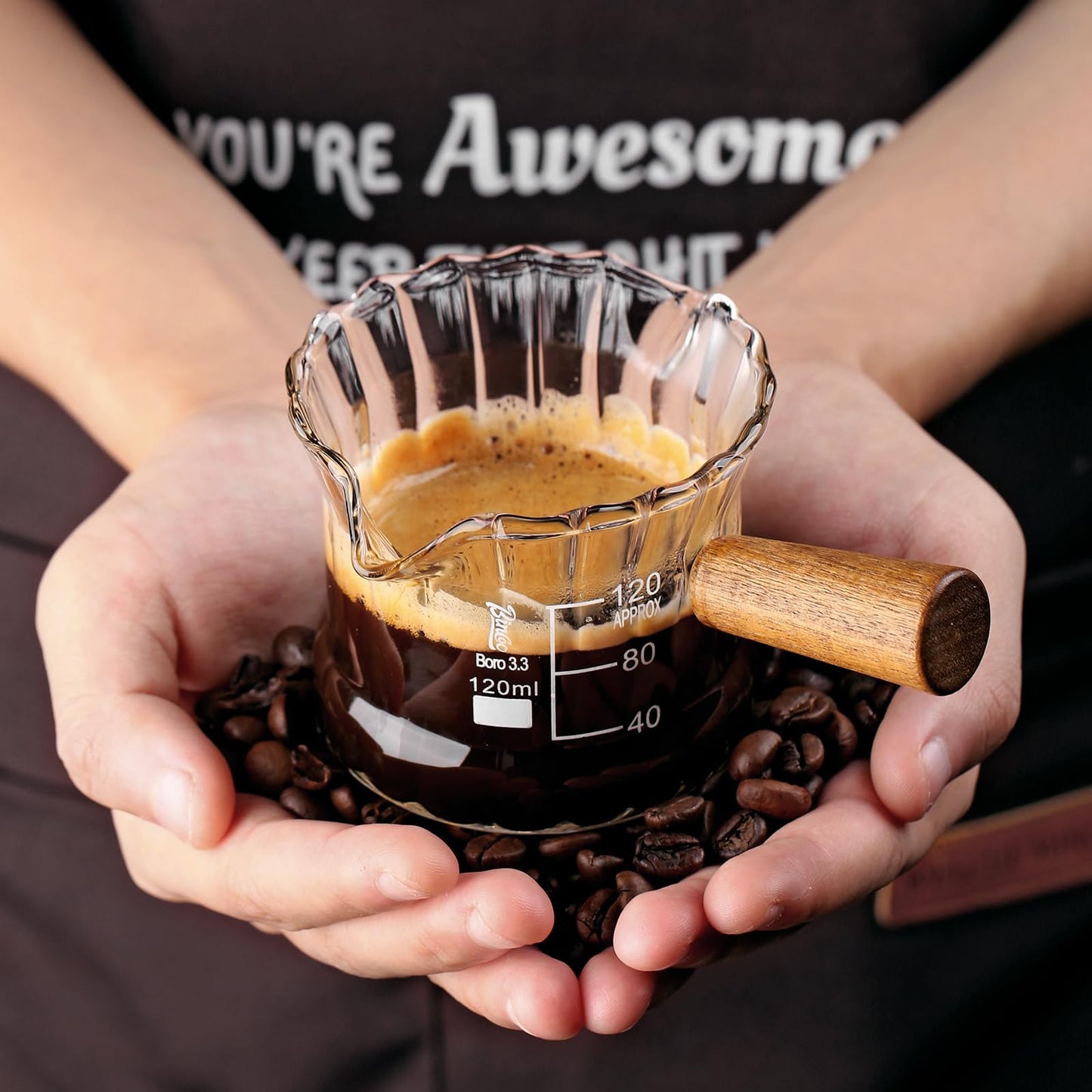 Bincoo Espresso Shot Glass Set of 2, 120 ML Premium Espresso Cups with Handle and Dual-Scale, Espresso Shot Glass with V-Shaped Mouth. Each cup holds 120ML (4oz), ideal for single or double shots.