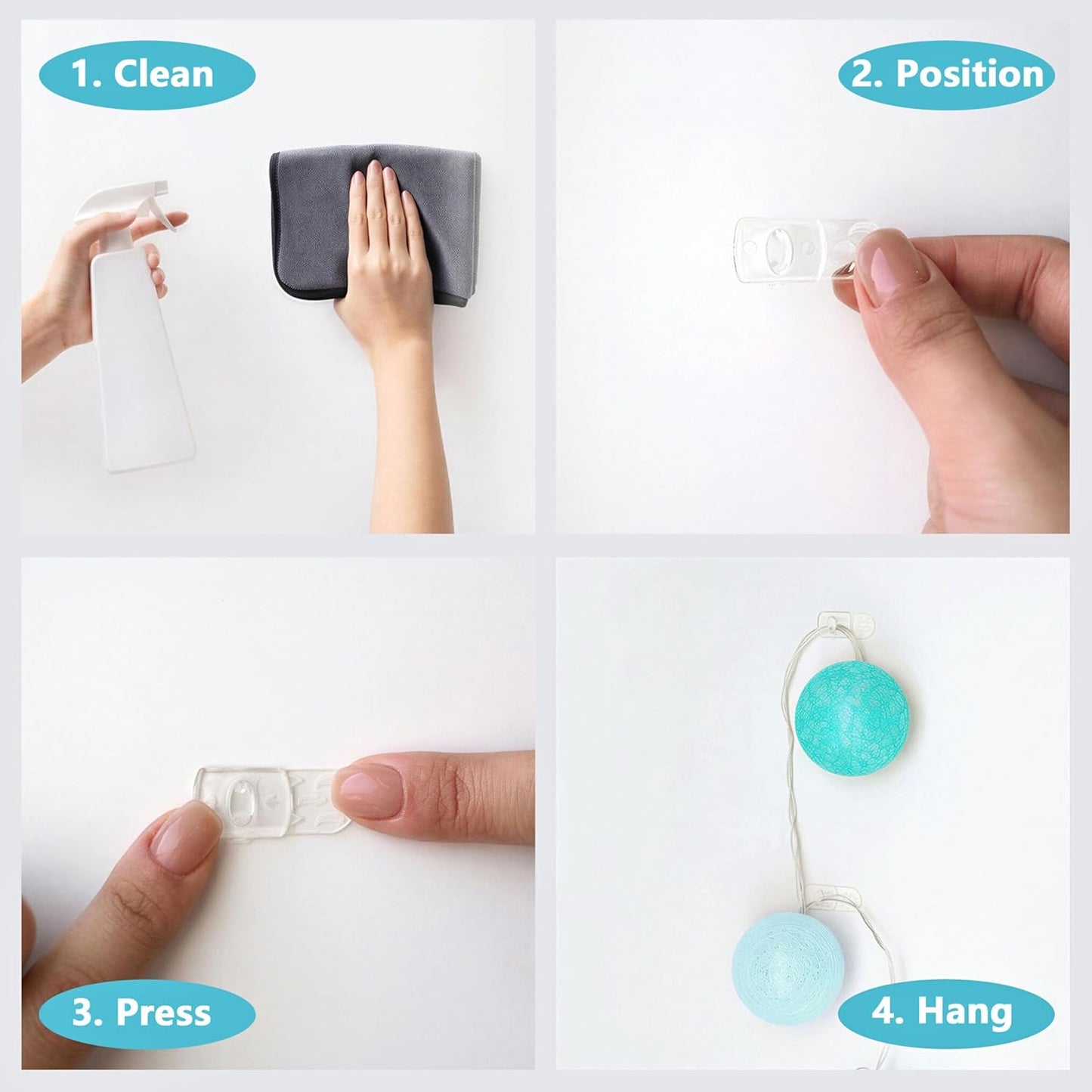 MOVELYST Mini Clear Light Clips - 100 Damage-Free Indoor Wall Hooks with 120 Adhesive Strips for Easy Hanging