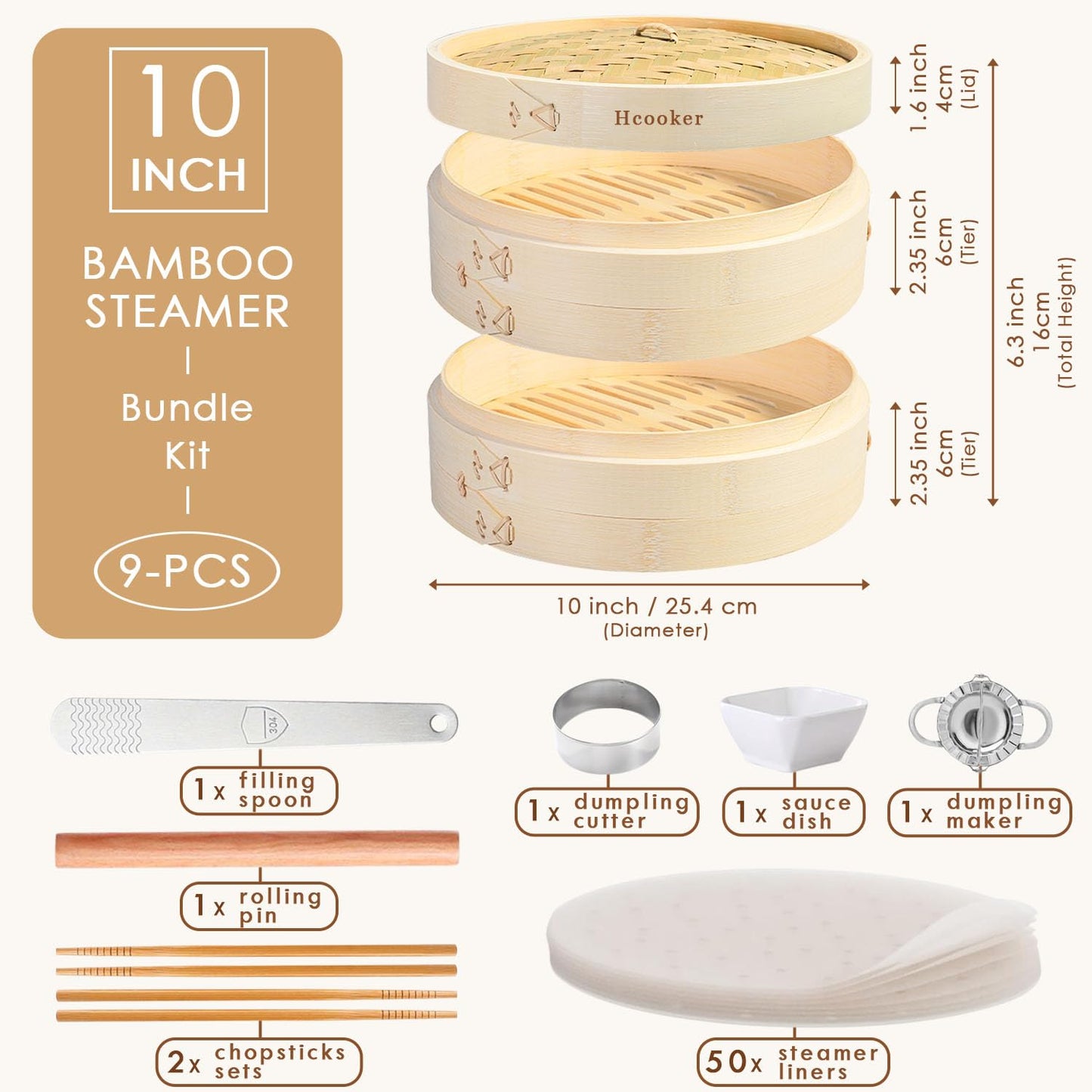 Hcooker Bamboo Steamer Basket Set, 8-Inch 2-Tier Steamer for Cooking, Chopsticks Liners Sauce Dish Dumpling Making Tools, Steaming Asian Food, Bao Buns, Meat, Dim Sum, Rice, Vegetable Steam Pot