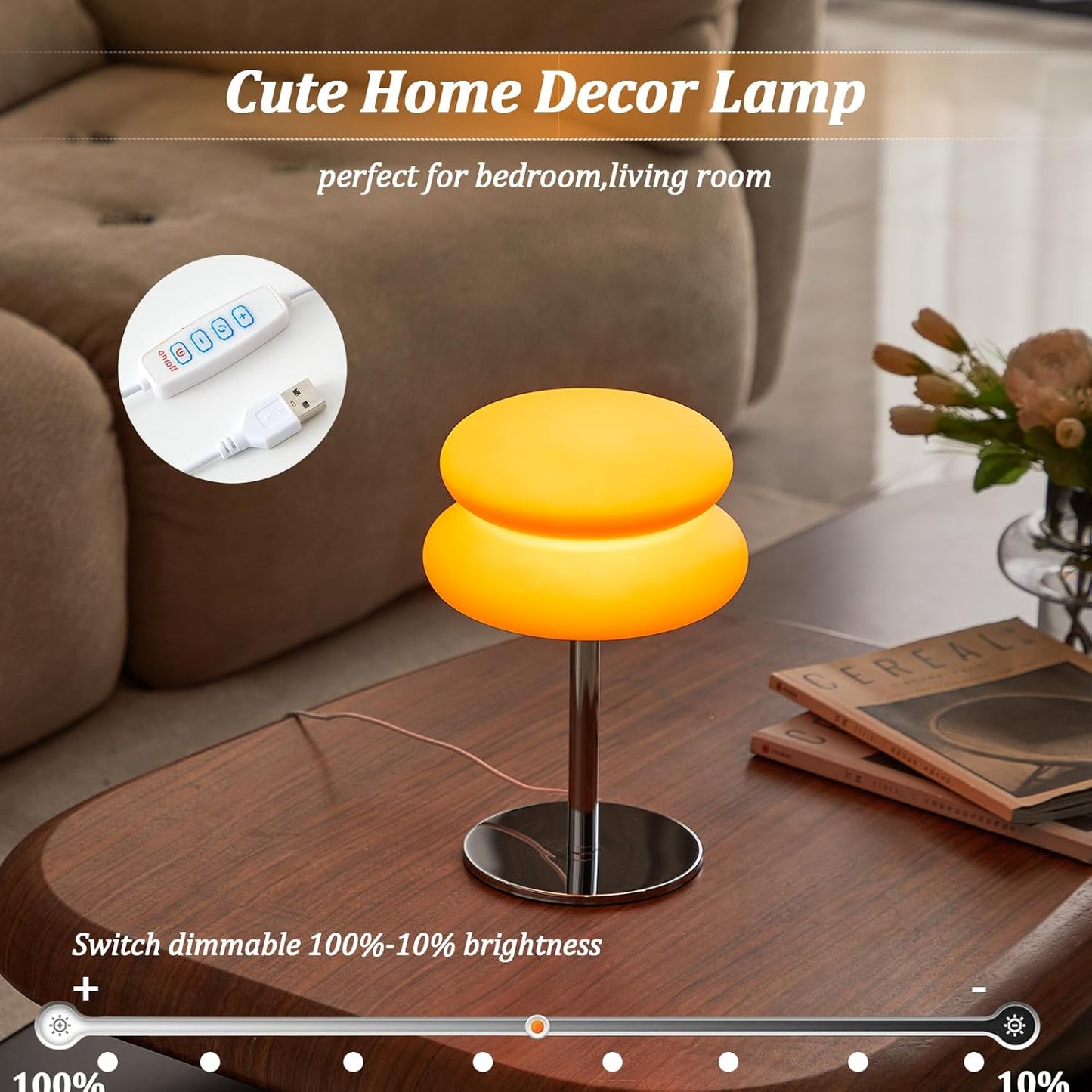 Skiennix Orange Mushroom Lamp - Dimmable Mid Century Modern Nightstand Light | Retro Egg Tart Design for Bedroom & Living Room Decor