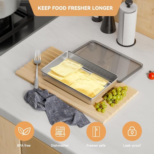 Freshmage Cheese Container - Stainless Steel Airtight Deli Meat Storage for Refrigerator | Dishwasher Safe