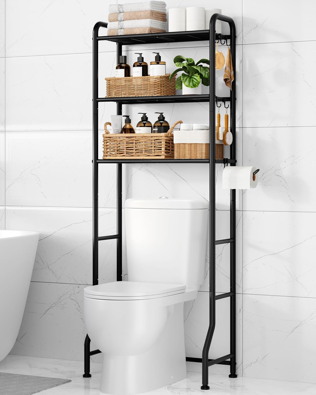Kitsure Over Toilet Storage Rack - Metal Bathroom Organizer Shelf with Hooks & Paper Holder | Black, 3 Tiers (63.2" H)