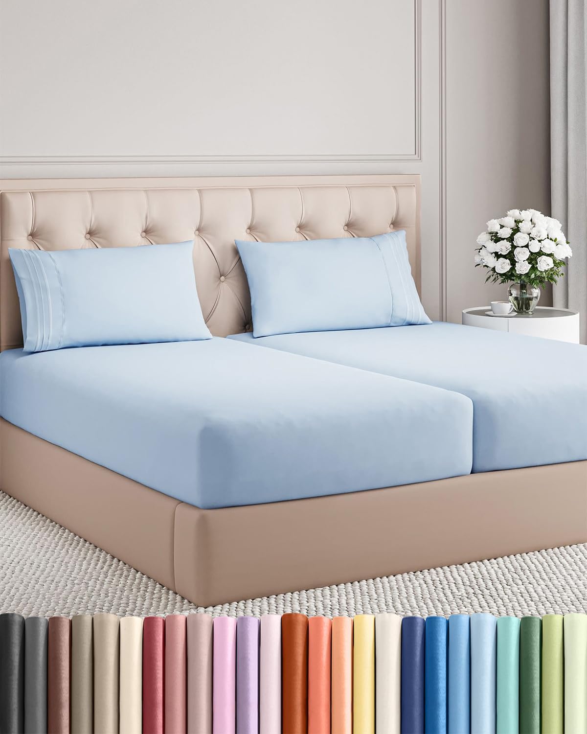 Sky Blue Split King Size 5-Piece Sheet Set | Comfy, Breathable & Cooling Luxury Bedding - Deep Pockets, Soft & Wrinkle-Free