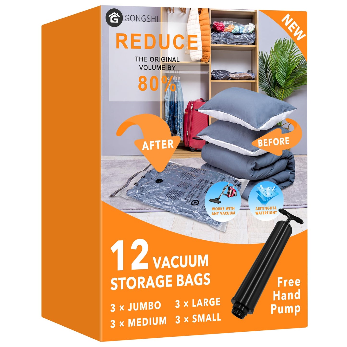 GONGSHI Vacuum Storage Bags, Space Saver Seal Bags For Clothing, Travel Luggage,Blankets, Comforters, Pillows, Clothes Storage.12 Combo