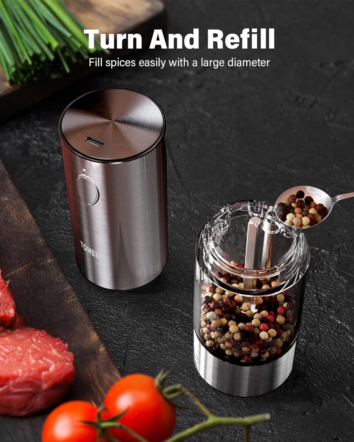 TOMEEM Electric Salt and Pepper Grinder Set - Rechargeable, Stainless Steel with LED Lights | 5 Adjustable Coarseness