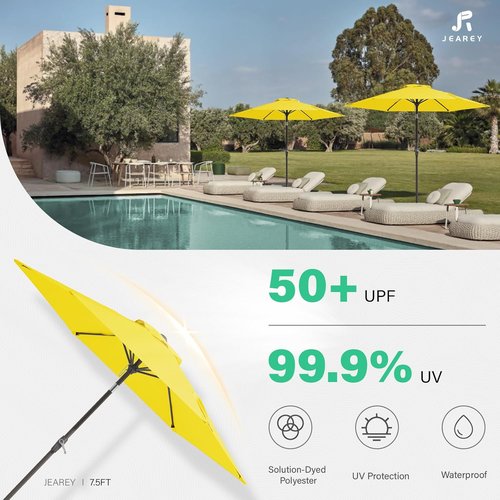 JEAREY 7.5FT Patio Umbrella - Market Table Umbrella with Push Button Tilt & Crank - Yellow for Garden, Deck, and Pool