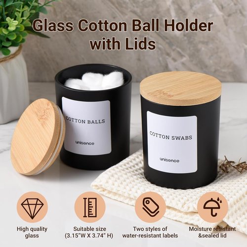 Glass Qtip Holder Set by [Brand Name] - Stylish Bathroom Organizer with Lid for Cotton Swabs & Makeup Essentials | Black