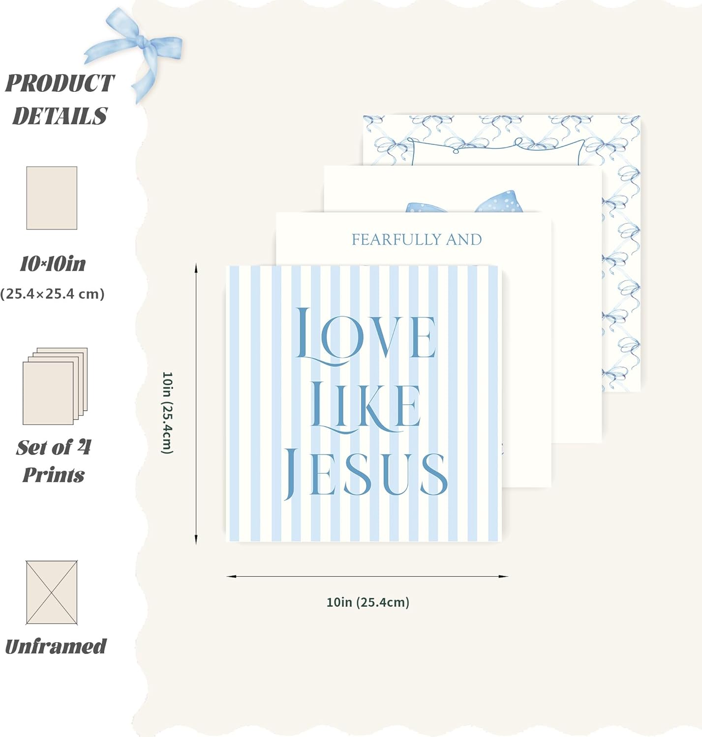LARTSFRO Coquette Blue Bow Wall Art - Inspirational Christian Decor for Teen Girls | Set of 4, 10x10 Inch Unframed