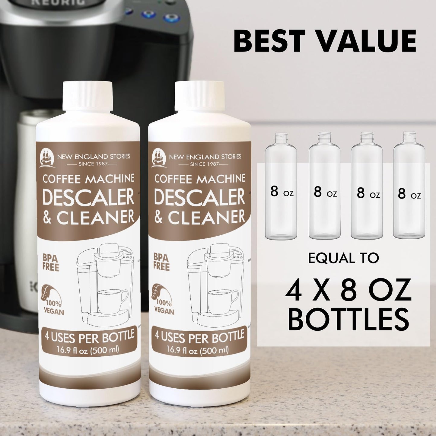 8 Uses Descaling Solution Compatible with Keurig, Nespresso, Breville, Delonghi, Jura, Ninja - 33.8oz Coffee Machine Descaler, Espresso Coffee Maker Cleaner, Coffee Pot Limescale Remover