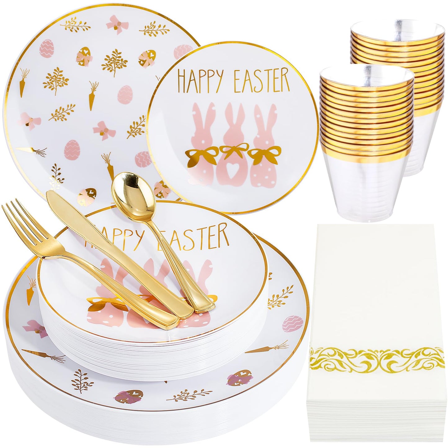 Morejoy 175pcs Easter Plastic Plates,Bunny Plates,Easter White & Pink Plates Disposable include 25Dinner Plates,25 Salad Plates,25 Cups,25 Forks,25 Knives,25 Spoons,25 Napkins Perfect for Party