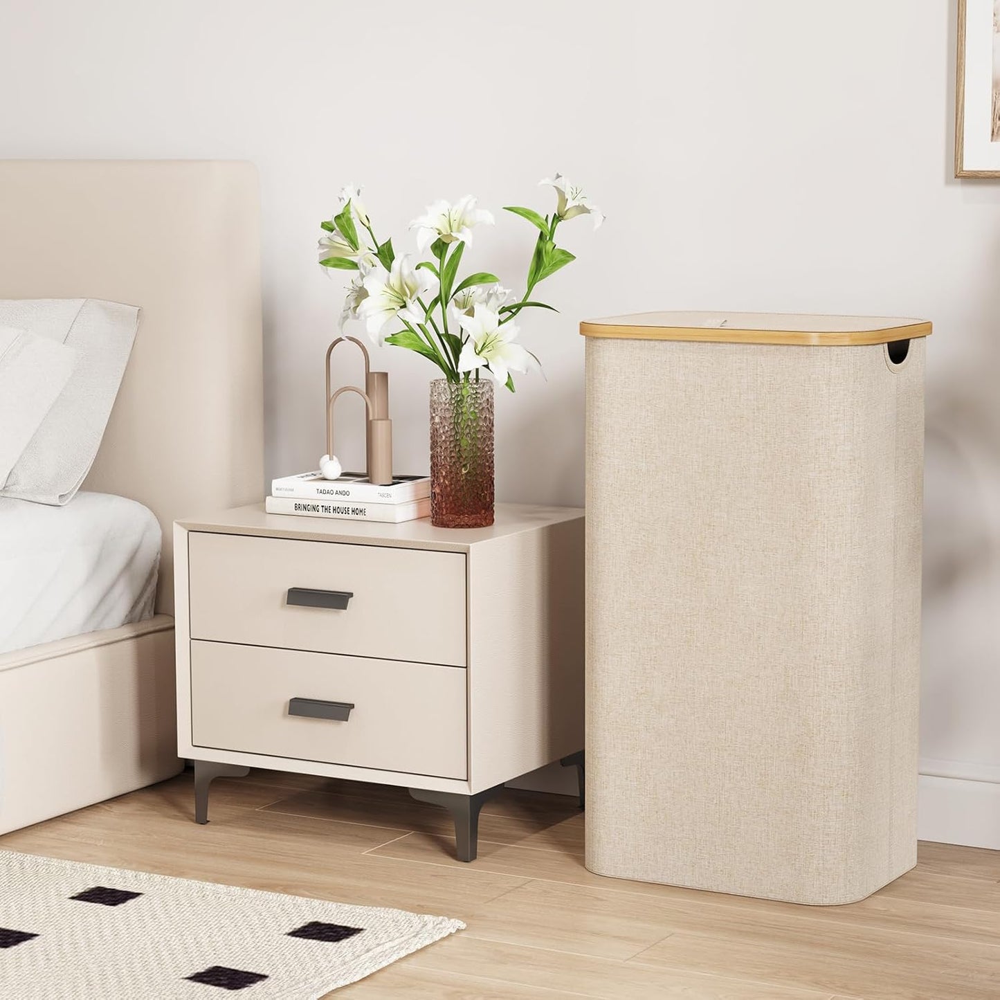 Lifewit 100L Laundry Basket - Large Collapsible Hamper with Lid & Bamboo Handles | Beige & Black