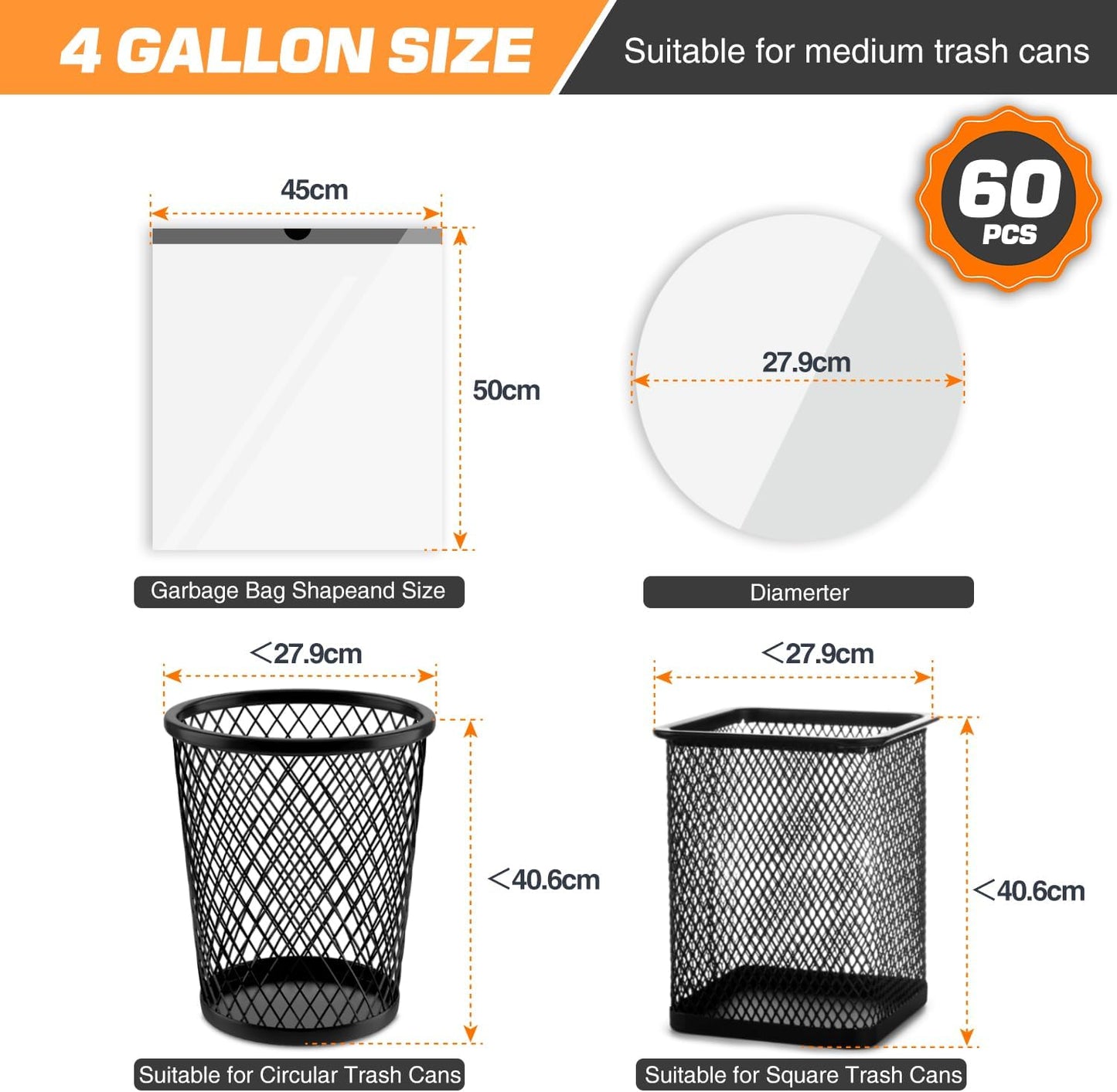 Small Trash Bags 4 Gallon | 60 Count Drawstring Unscented Garbage Bags - White Liners for Bathroom & Office
