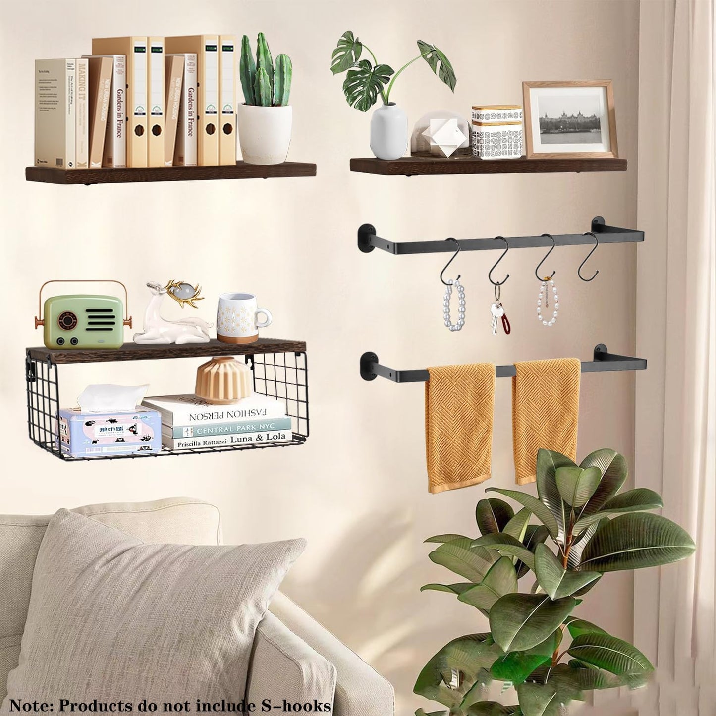 Skiennix Floating Shelves - Wall Mounted Bathroom Organizer with Storage Basket & Towel Rack | Dark Brown, Set of 4, 16 in