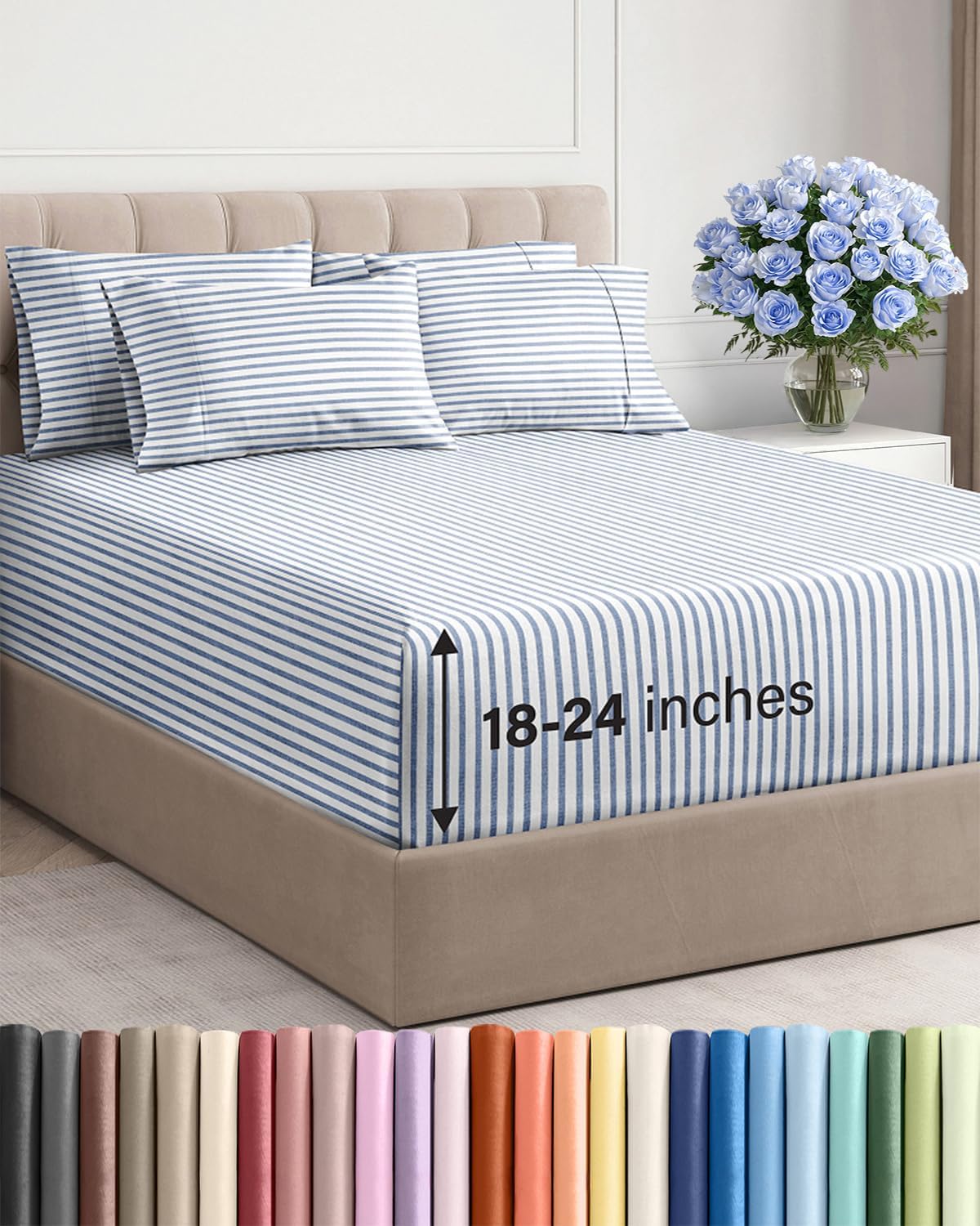 Skiennix Extra Deep Full Sheet Set - 6 Piece Cooling Bedding - Soft, Wrinkle-Free Blue Stripes