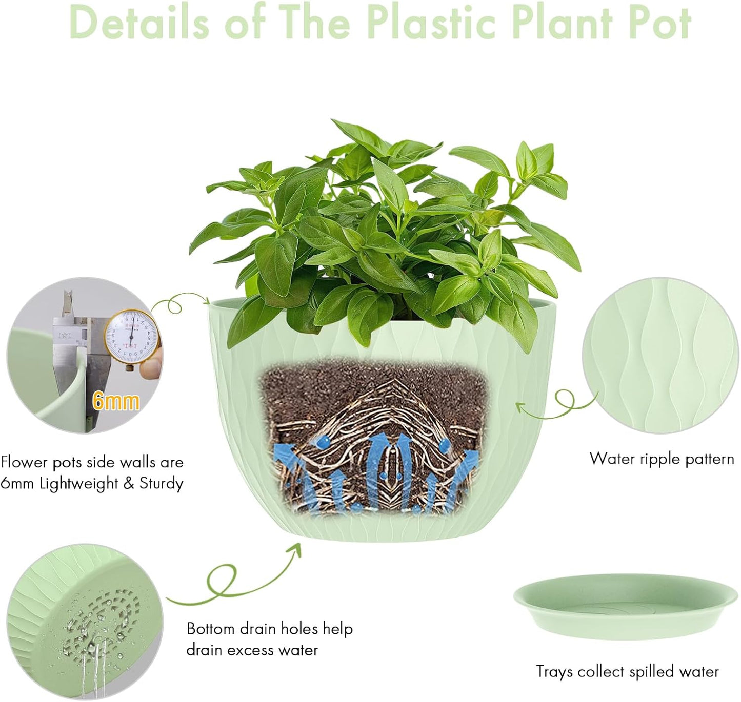 WSMKSZ 12-Inch Large Plant Pots - Stylish Water Ripple Design with Drainage Holes & Saucer | Green Planters for Indoor & Outdoor Use