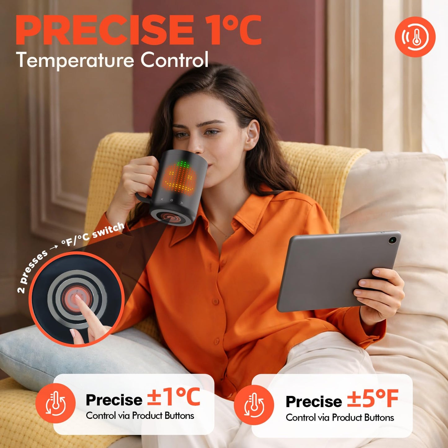 Coffee Mug Warmer with LED Pattern, Heated Coffee Mugs with 4500mAh*2 Ultra-Long Battery&±1°C Accuracy, Self Heating Mug Warmer Ideal for Coffee, Tea, Milk & Water, Coffee Warmer