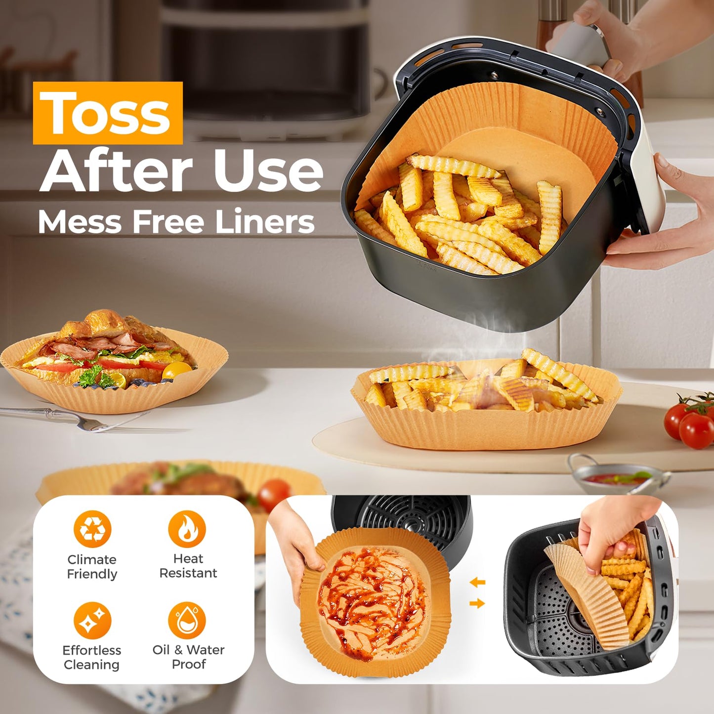 Vailnd Air Fryer Liners Disposable, 100Pcs 9 Inch Max Xl Large Cooker Airfryer Paper Liners, Oil Proof Parchment Sheets Square Basket Baking Liner for 8/10/11/12 QT Air Fryer Microwave