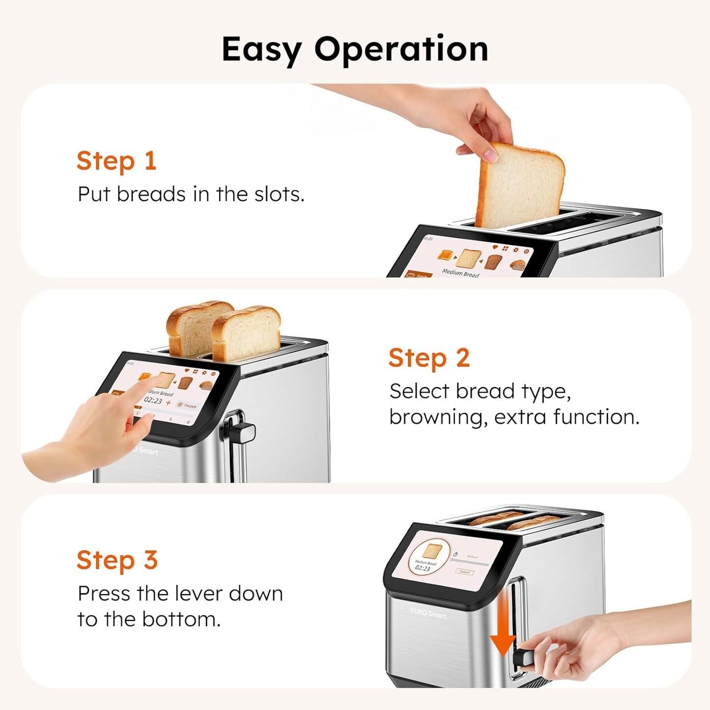 Smart Toaster - 2 Slice Stainless Steel Toaster with LCD Touch Screen & Memory Function | 10 Bread Types, 6 Shade Settings, 900W