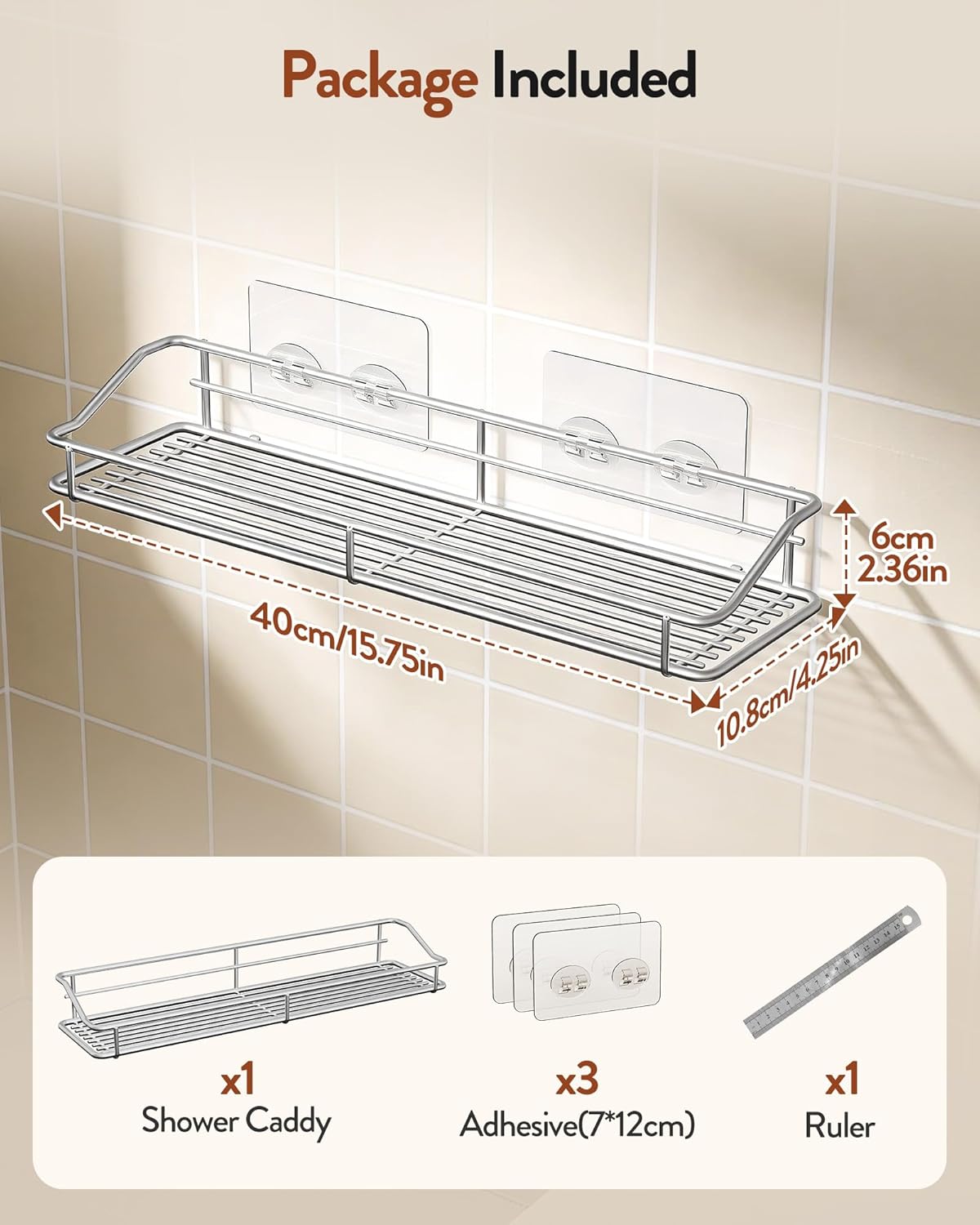Orimade Bathroom Shelf Organizer - No-Drill Shower Caddy with Traceless Adhesive | 15.75 Inch Silver SUS304 Stainless Steel
