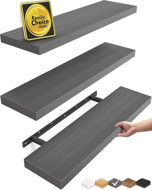 BAYKA Floating Shelves - Rustic Grey Wall-Mounted Wood Shelves for Bathroom, Bedroom & Living Room | Set of 3, 22.5 Inches