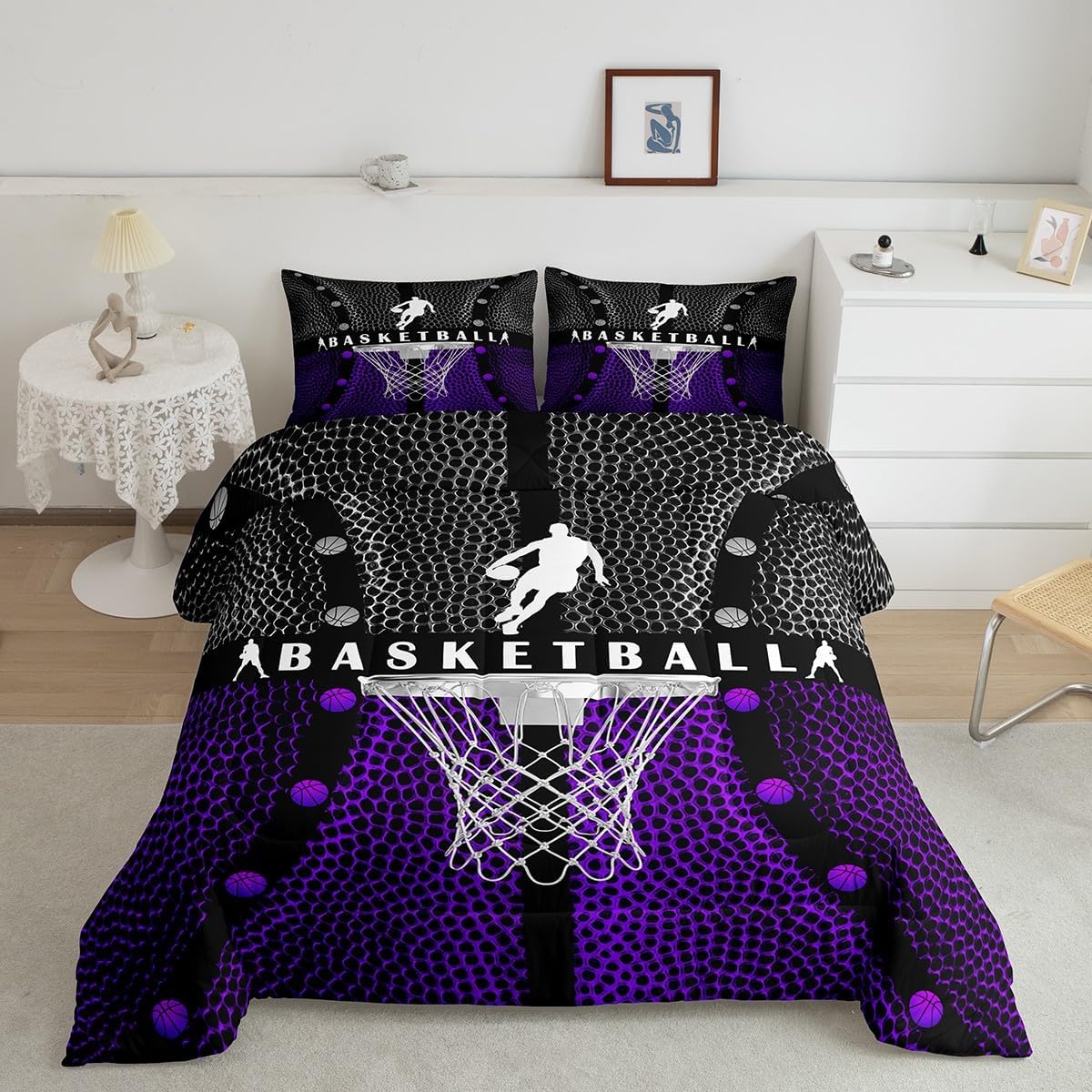 Basketball Kids Comforter Set Full Size,Geometric Basketball Court Abstract Bedding Set,Boys Girls Adults Room Decor,Ball Sports Games Down Comforter,Red Black Fashion Duvet Insert,2 Pillowcases