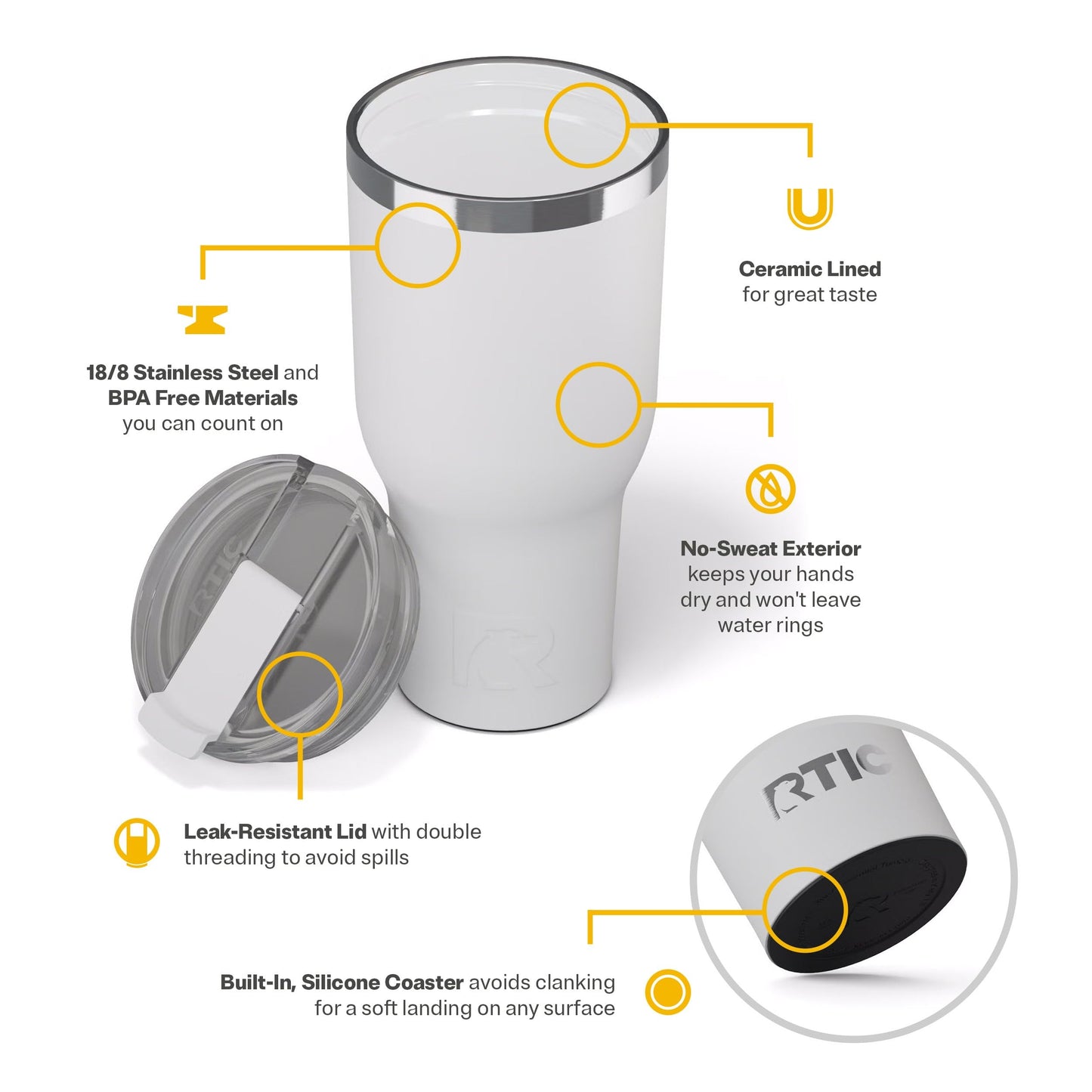 RTIC 40oz Essential Tumbler with Lid, Ceramic Lined, Insulated, Stainless Steel, Metal, Double Wall Vacuum-Insulation, Travel Cup for Iced Coffee, Tea, Hot and Cold Drink, Lavender Glitter