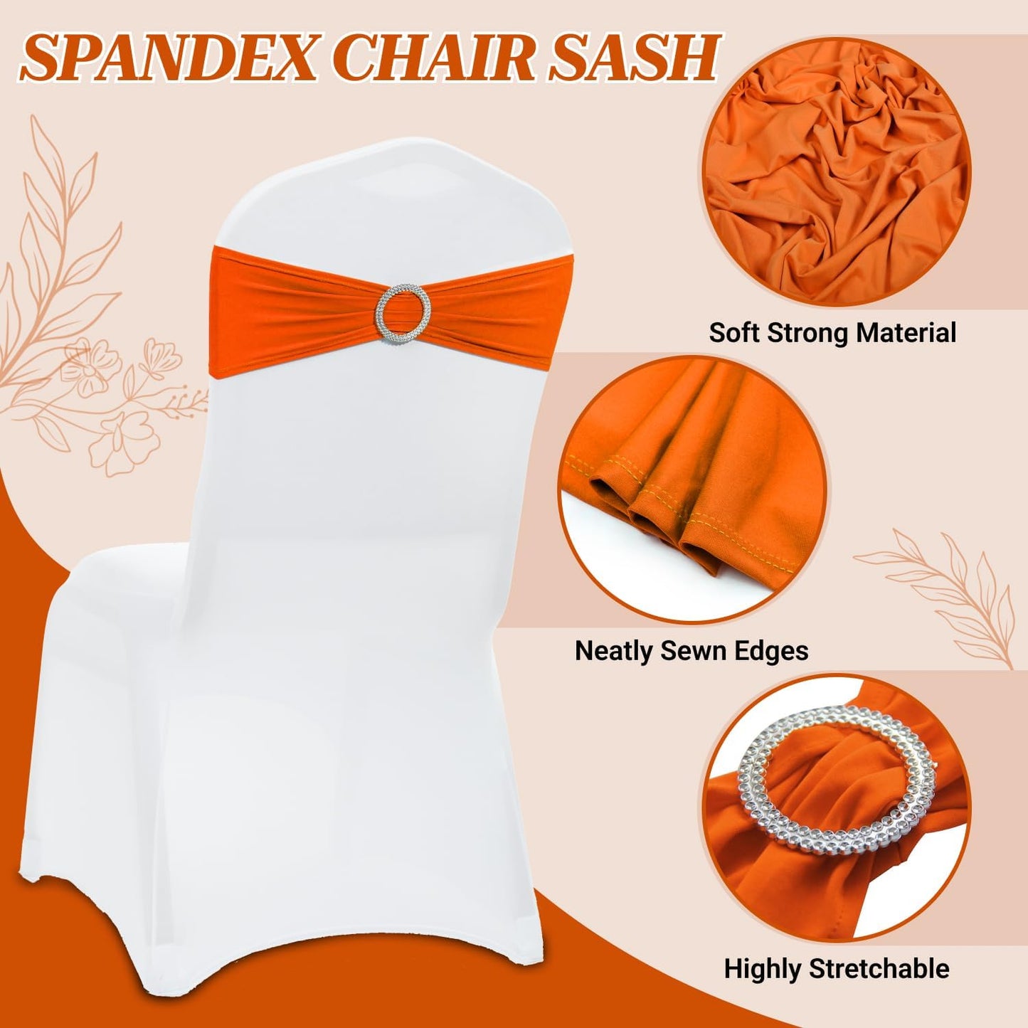 MDS Spandex Chair Sashes - Pack of 200 Elastic Stretch Bands with Buckle Slider for Wedding Decor | Orange