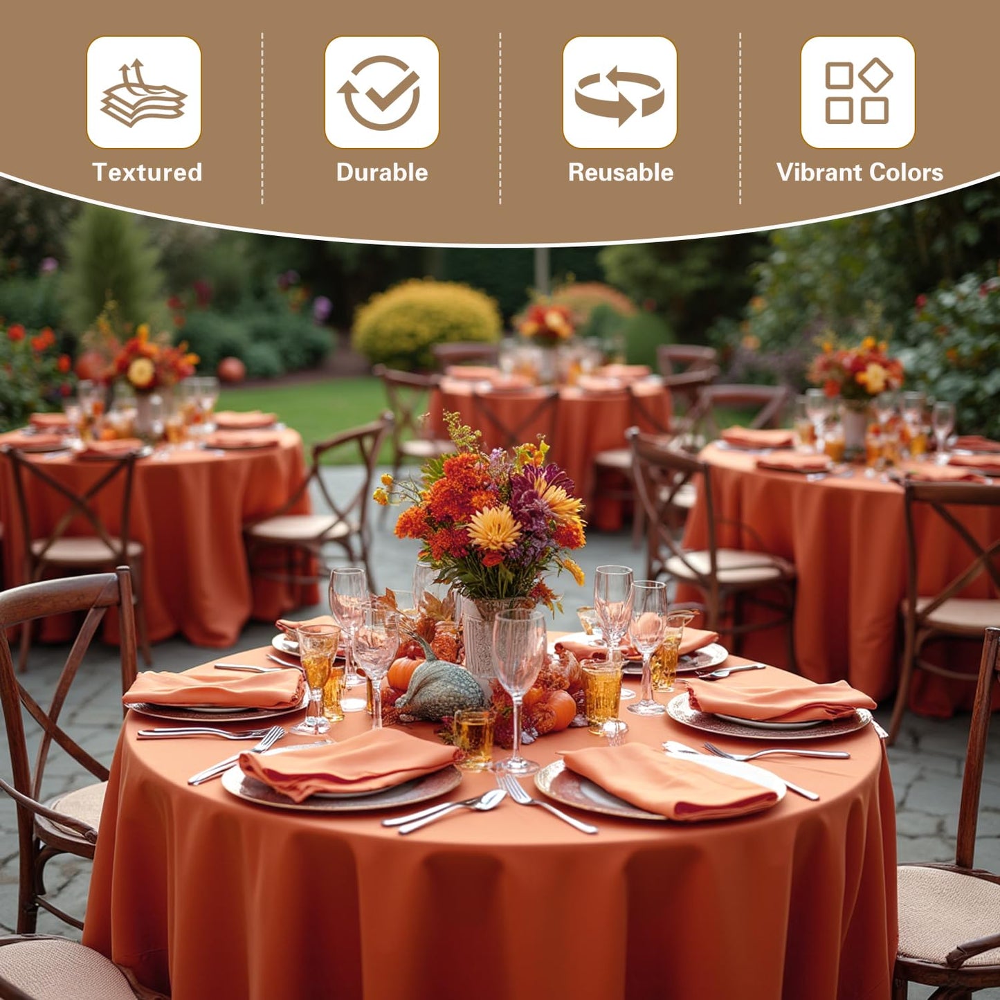 sancua Thanksgiving Round Tablecloth 90 Inch Diameter, 8 Pack Burnt Orange Circle Polyester Fabric Fall Table Cloth for Holiday Party Reception, Washable Table Cover (Fit 30-72 Inch Tables, Rust)