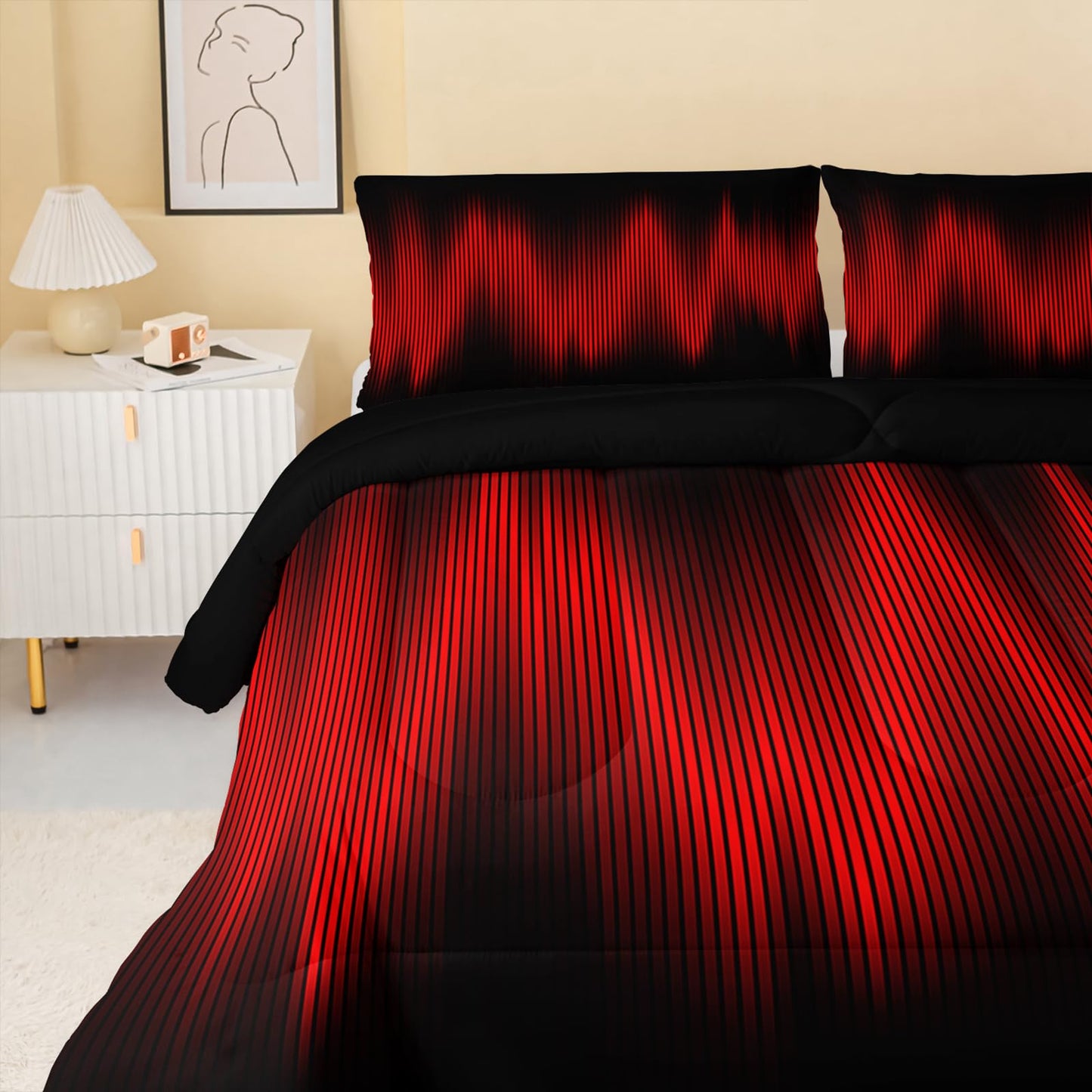 QOOMO Red Black Abstract Kids Comforter Set, Geometric Lines Boys Bedding Full, Gradient Modern Stylish 3D Quilt Set for Teen Adults Room Decoration, 1 Comforter & 2 Pillowcases