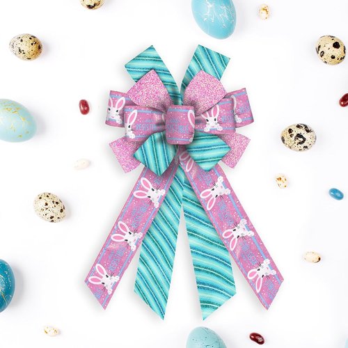 Hying Easter Bunny Bows - Glitter Pink & Blue Burlap Wreath Bows for Spring Decor | Holiday Tree Topper