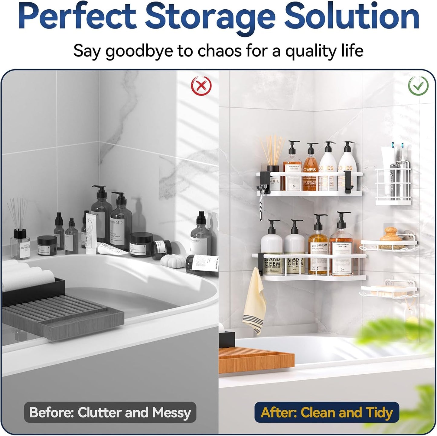 YASONIC Corner Shower Caddy - 5-Pack Rustproof Stainless Steel Organizer with Soap Holder | No-Drill, White