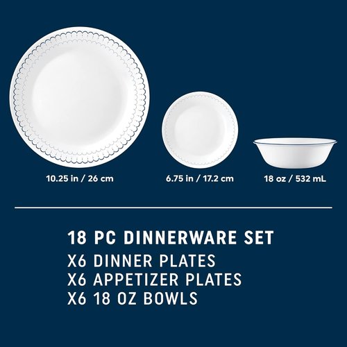 Corelle 18-Piece Dinnerware Set - Lightweight, Chip-Resistant Plates & Bowls for 6 | Microwave & Dishwasher Safe, Caspian