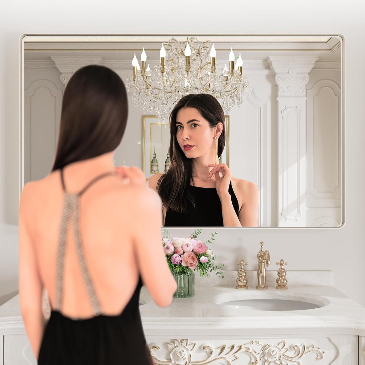 LOAAO Brushed Nickel Bathroom Mirror - 60X36 Inch Rounded Rectangle Design | Anti-Rust, Shatter-Proof, Versatile Hanging Options