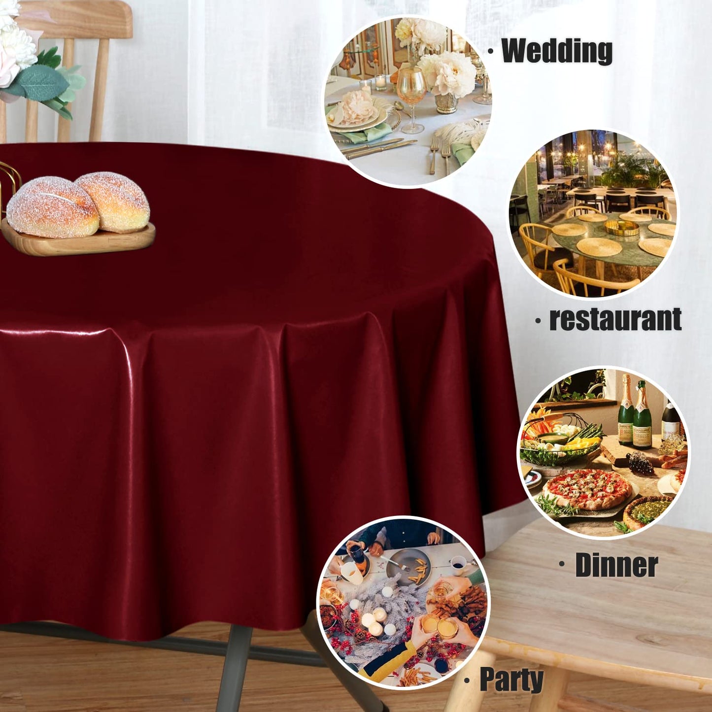 sancua 100% Waterproof Round PVC Tablecloth - 60 Inch - Oil Proof Spill Proof Vinyl Table Cloth, Wipe Clean Table Cover for Dining Tables, Buffet Parties and Camping, Burgundy